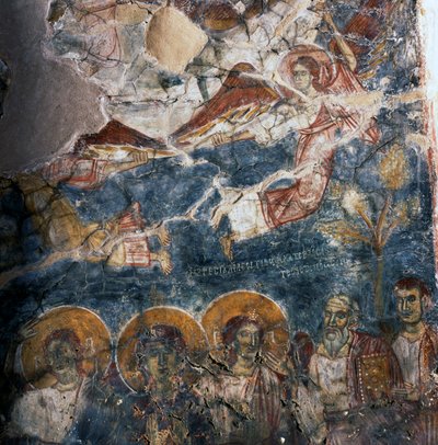 Engel en Heiligen, fresco in klooster van Agios Georgios, Diavaide, Kreta, Griekenland (foto) door Unbekannt Unbekannt
