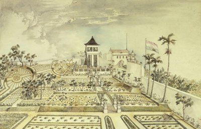 Nederlands huis met omheinde tuin op Java-eiland, Indonesië, gravure door Unbekannt Unbekannt