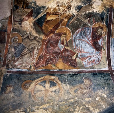 Fresco van heiligen in Byzantijnse kerk van Agios Georgios Xifoforos, Apodoulou, Kreta, Griekenland door Unbekannt Unbekannt