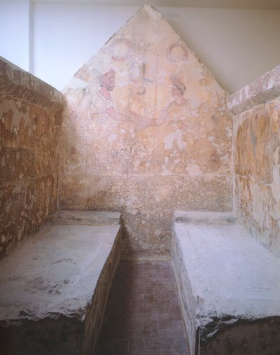 Afscheidsscène, beschilderde plaat van graf 1 van de necropolis in Spinazzo, Campania, Italië (4e eeuw v.Chr.) door Unbekannt Unbekannt
