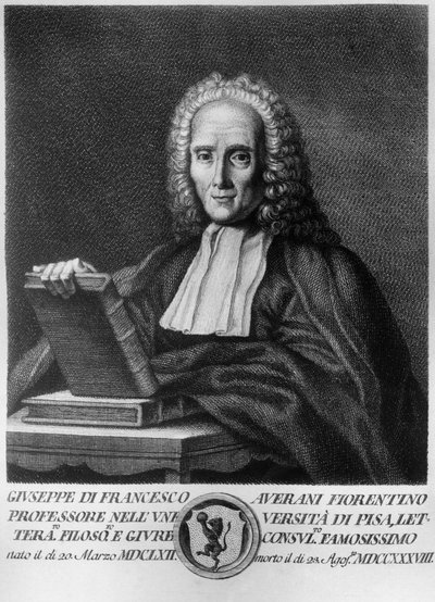 Portret van Giuseppe Averani, Italiaanse jurist en natuurkundige, ets uit Serie di ritratti d 