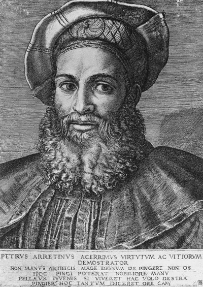 Portret van Pietro Aretino (1492-1556), Italiaanse dichter, schrijver en toneelschrijver, gravure door Marcantonio Raimondi (geboren ca 1470-1482, overleden 1527-1534), 22,3x15,4 cm door Unbekannt Unbekannt