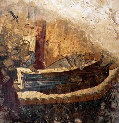 Resten van fresco in Byzantijnse kerk van Agios Georgios Xifoforos, Apodoulou, Kreta, Griekenland (foto) door Unbekannt Unbekannt