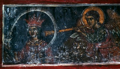 Heilige die de hoorn bespeelt, fresco in de kerk van Agios Ioannis Prodromos, Margarites, Kreta, Griekenland door Unbekannt Unbekannt