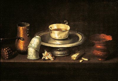 Stilleven met kopje chocolade of Ontbijt met chocolade door Unbekannt Unbekannt