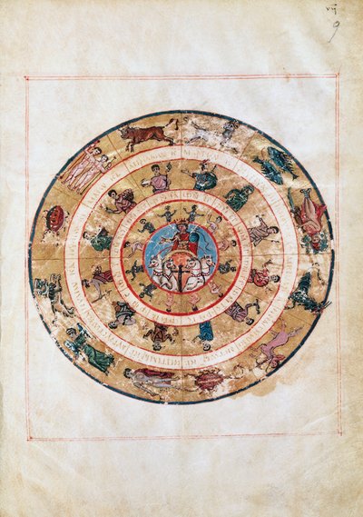 De zonnewagen en de tekens van de dierenriem, miniatuur uit een vroegmiddeleeuws manuscript, astronomische tabel door Ptolemaeus (ca. 100-175), Hellenistische beschaving door Unbekannt Unbekannt