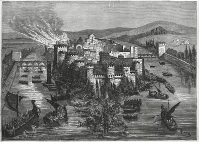 Vikingen belegeren Parijs in 845 (gravure) door Unbekannt Unbekannt