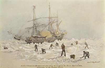 Incidenten tijdens een handelsreis: HMS Terror zoals zij verscheen na door het ijs te zijn opgeworpen in Frozen Channel, 27 september 1836 door Lieutenant Smyth