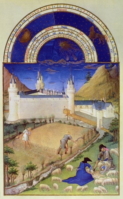 Facsimile van juli: Oogsten en schapen scheren, uit de 