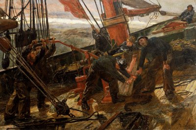 Scène op het dek van een schoener gevangen in een storm, een zeedrama, alle zeelieden en de vrouw van de kapitein zijn verzameld om de pomp te activeren en de zeilen en touwen te trekken door Lionel Percy Smythe