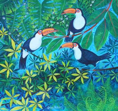 Toekanentrio, 2024 (acrylverf op linnen) door Lisa Graa Jensen