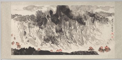 Vingerschildering van landschap met schepen door Liu Zhongdong
