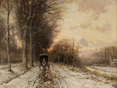 Een paardenkar op een besneeuwd pad (olieverf op paneel) door Lodewijk Frederik Hendrik (1850-1936) Apol