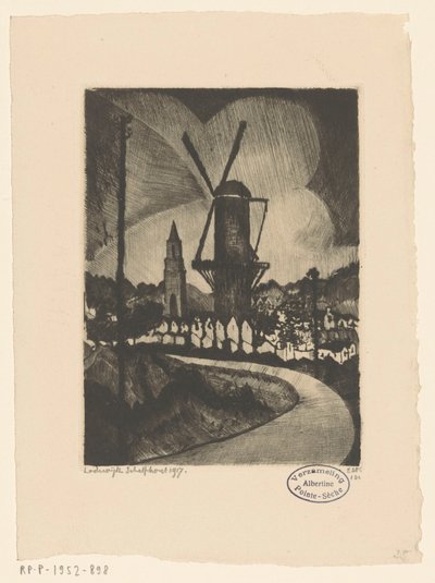 Heuvellandschap met molen door Lodewijk Schelfhout (signed by artist)