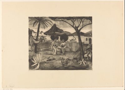 Twee mannen die in een tuin een man dragen door Lodewijk Schelfhout (signed by artist)