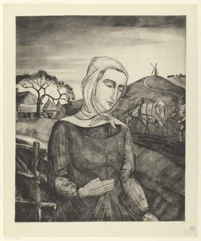Vlaamse boerin in een heuvellandschap door Lodewijk Schelfhout (signed by artist)