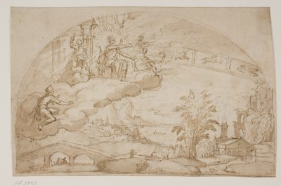 Apollo op de troon in de wolken boven een wijd landschap met de dierenriem achter hem door Lodewijk Toeput