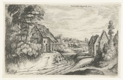 Landschap met twee boerderijen langs een weg door Lodewijk de Vadder