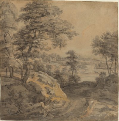 Bosrijk landschap met een weg door Lodewijk de Vadder