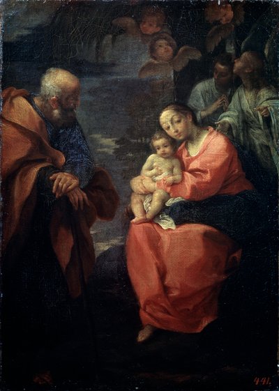 De Heilige Familie onder een palmboom, Rust tijdens de vlucht naar Egypte door Lodovico Carracci