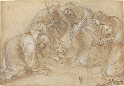 De geboorte met heiligen Franciscus en Agnes door Lodovico Carracci