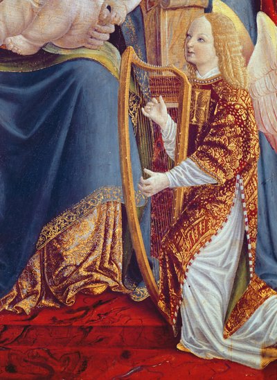 Madonna en kind met engel muzikanten, detail van engel muzikant die harp speelt, c.1490-1500 door Lombard School