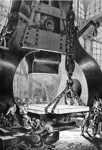 tekening door Leon Benett, uit het boek van Jules Verne “De 500 miljoen van de Begum” - editie Hetzel/Buitengewone Reizen 1879. hamerdrummer (drummer) aan het werk in een staalfabriek. door Léon Benett