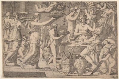 Venus en Mars bediend door Cupido en de drie Gratiën door Léon Davent, after Luca Penni