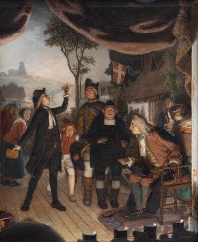 Ludvig Holberg woont een repetitie bij van zijn toneelstuk Erasmus Montanus, Act IV, Scène 2 door Lorenz Frølich