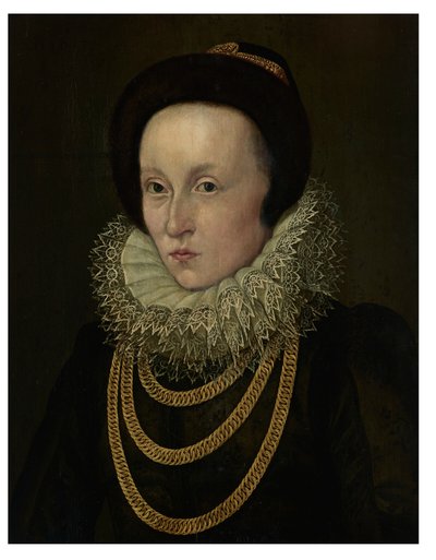 Portret van een vrouw, borstlengte, met een kanten kraag en gouden kettingen door Lorenz Strauch