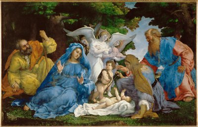 De Heilige Familie met drie engelen, de jonge Johannes ... door Lorenzo (workshop of) Lotto