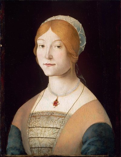 Italiaans: Portret van een vrouw met een parelketting Portret van een vrouw met een parelketting door Lorenzo Costa