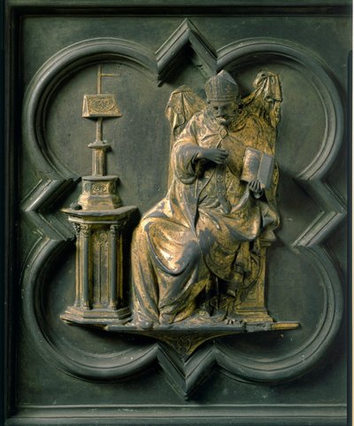 Noordpoort (genaamd Kruispoort, naar het noorden), exterieur detail: Sint Augustinus. Bronzen sculptuur gemaakt door Lorenzo Ghiberti door Lorenzo Ghiberti