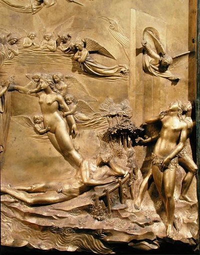 Het Verhaal van Adam, detail van de Schepping van Eva en De Verdrijving, van een van de originele panelen van de Oostdeuren van de Doopkapel door Lorenzo Ghiberti