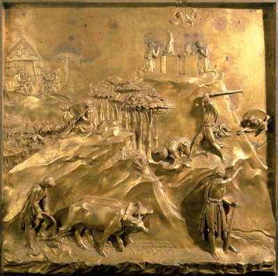 Het verhaal van Kaïn en Abel: Het offer, de moord op Abel en God die Kaïn verbant (post restauratie) door Lorenzo Ghiberti
