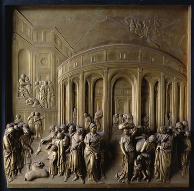 Het Verhaal van Jozef: Jozef verkocht als Slaaf, Het Vinden van de Zilveren Beker en Jozef herkend door zijn Broers, een van de tien reliëfpanelen van de Poorten van het Paradijs door Lorenzo Ghiberti