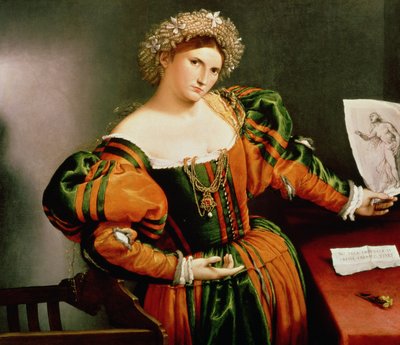 Een dame met een tekening van Lucretia door Lorenzo Lotto