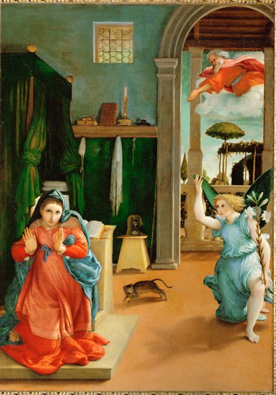 Annunciatie (schilderij op doek) door Lorenzo Lotto