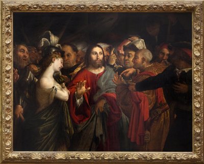 Christus en overspelige vrouw door Lorenzo Lotto