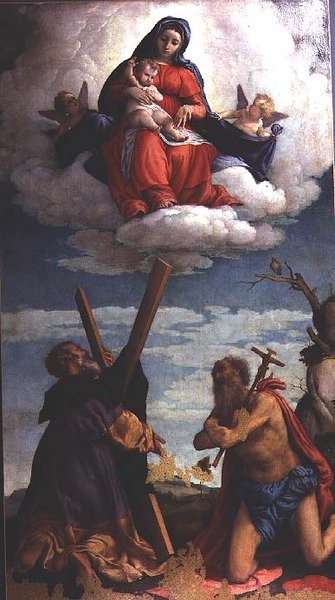 Madonna en Kind in Glorie met St. Andreas en St. Hiëronymus door Lorenzo Lotto