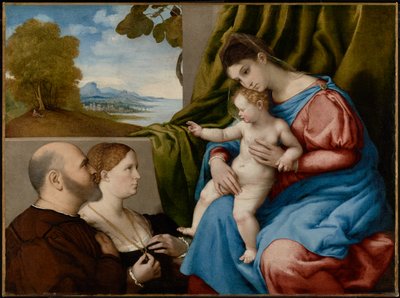 Madonna en kind met twee schenkers door Lorenzo Lotto