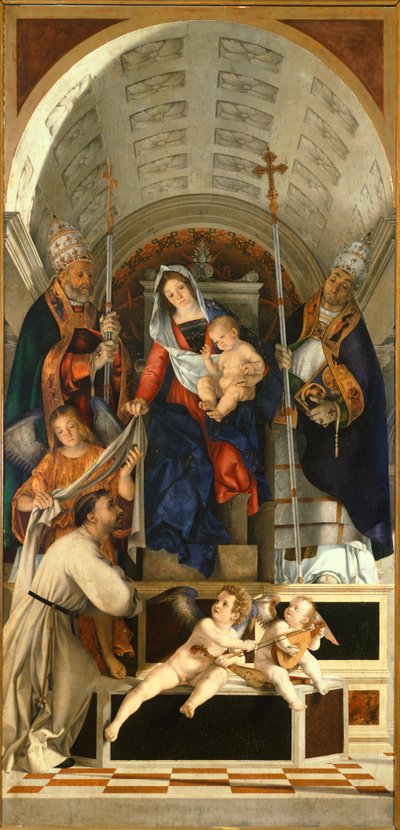 Madonna met Kind en Heiligen Dominic, Gregory en Urban, hoofdtabel van San Domenico Altaarstuk uit Recanati door Lorenzo Lotto