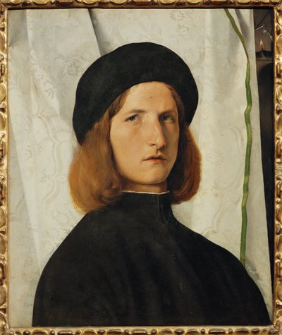 Portret van een jonge man voor een wit gordijn (schilderij op lindehout) door Lorenzo Lotto