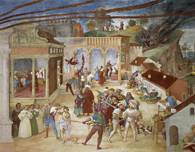 St. Barbara die door de straten van de stad wordt geleid, detail van Christus-Wijnstok en Legende van Sint Barbara door Lorenzo Lotto (circa 1480 - 1556), fresco, detail, Villa Suardi, Capella Suardi, Trescore Balneario door Lorenzo Lotto