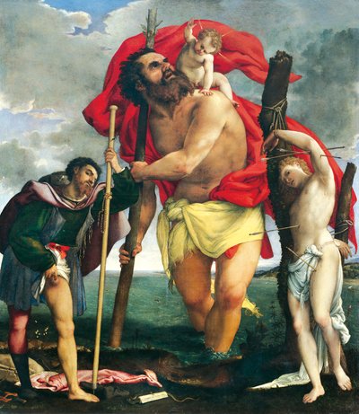Sint Christoffel tussen de Heiligen Rocco en Sebastian door Lorenzo Lotto