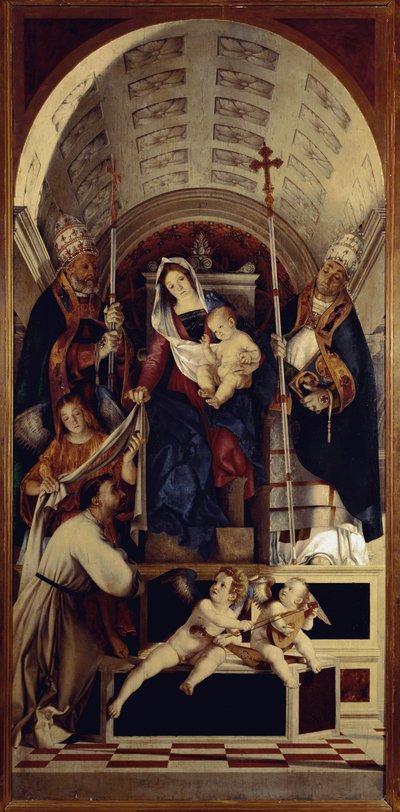 De Maagd en Kind met Sint Dominica, Sint Gregoire en Sint Urban - Centraal deel van het Recanati polyptiek (1508) door Lorenzo Lotto