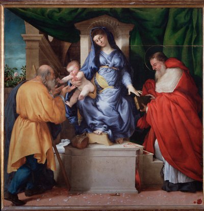 Maagd met kind met St. Jerome en St. Joseph (Madonna delle Rose) door Lorenzo Lotto