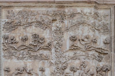 Naamah leert kind lezen en Tubal-cain slaat bellen met hamer; Enos, zoon van Seth tekent met kompas, Verhalen van Genesis, bas-reliëfs door Lorenzo Maitani, eerste pilaar, zijgevel van de kathedraal van Orvieto, Umbrië, Italië door Lorenzo Maitani