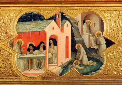Geschiedenis van St. Bernardino en St. Benedictus, detail van predella van Kroning van de Maagd door Lorenzo Monaco