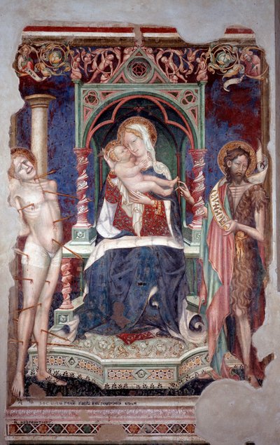 Maagd met kind omringd door Sint Sebastiaan en Sint Johannes de Doper door Lorenzo Salimbeni